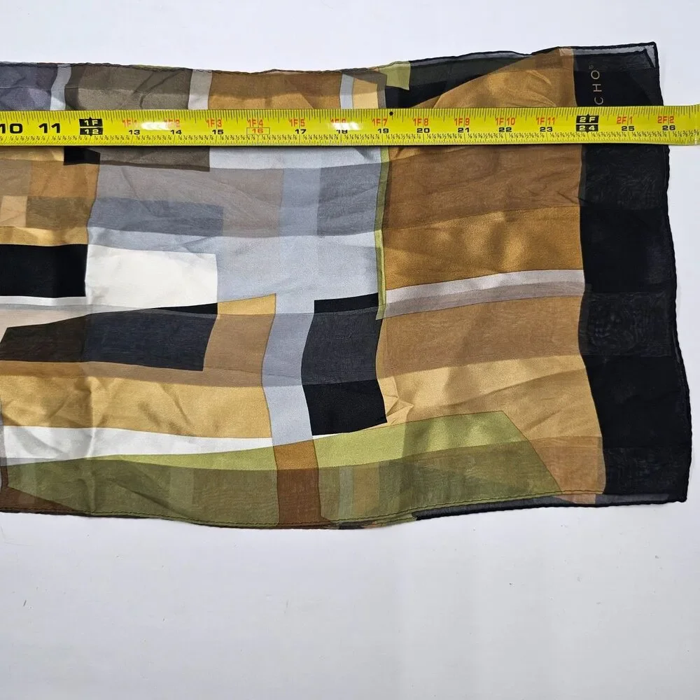 VTG Echo Silk Scarf Abstract Geometric Colorblock Gold Olive Green Oblong 11x52